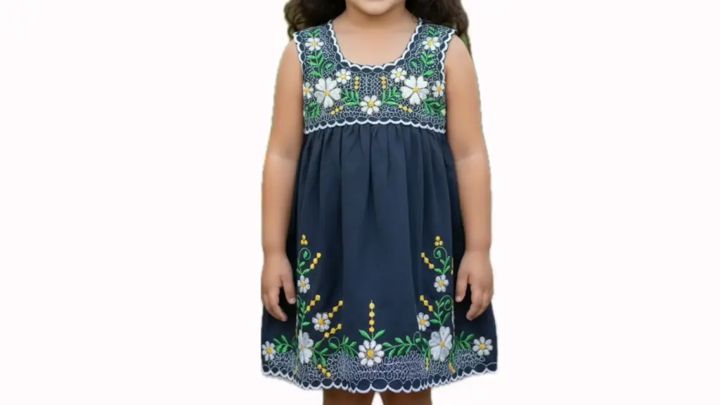 Vestido infantil azul rey con flores blancas y bordados blancos