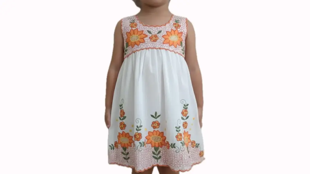 [VES-BLA-M25] Vestido infantil blanco con flores naranjas y bordes naranjas