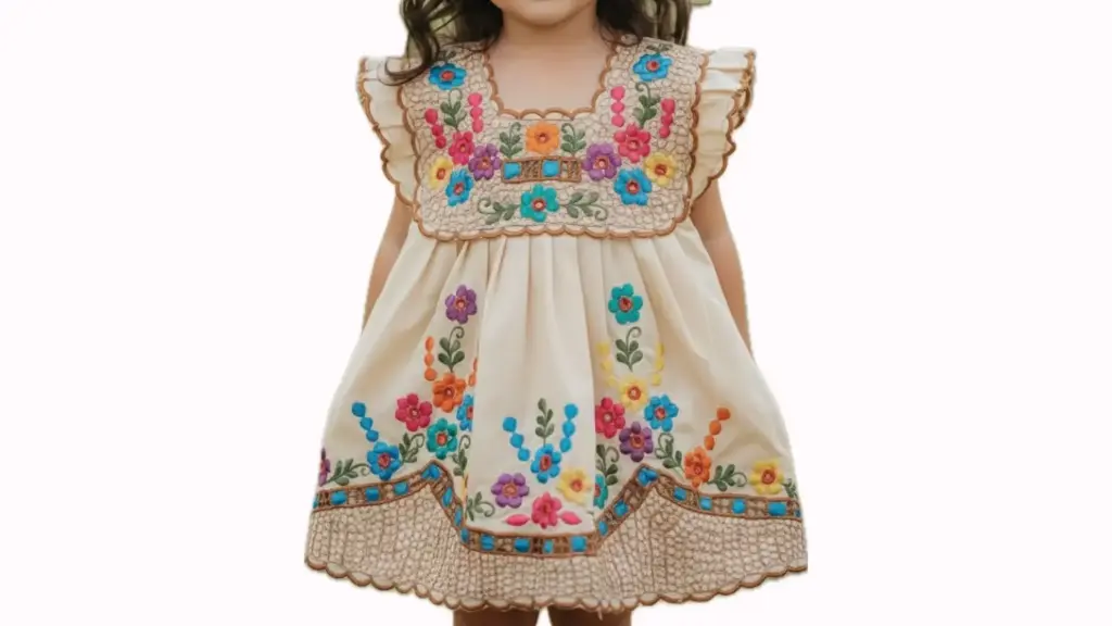Vestido infantil beige con bordados cafes y flores multicolor