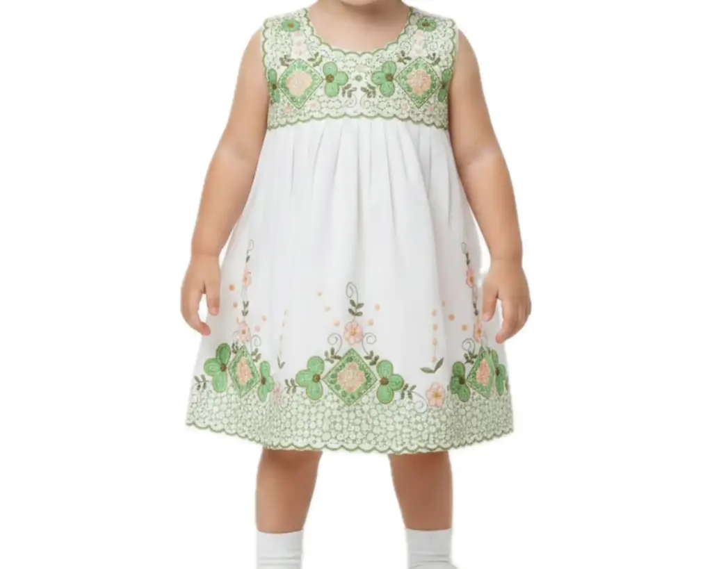 Vestido infantil blanco con flores y bordes verdes