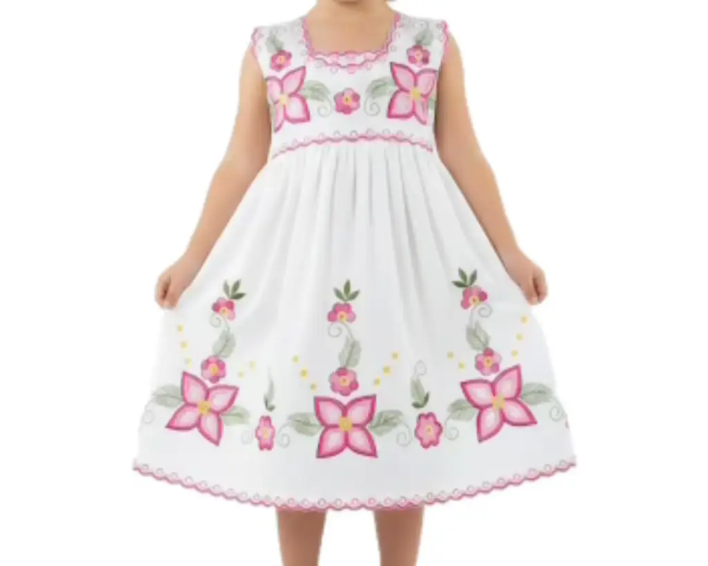 Vestido infantil blanco con flores y bordes rosas 