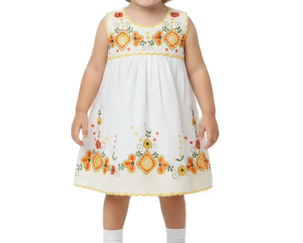 Vestido infantil blanco con bordes amarillos 