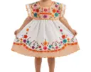 Vestido infantil blanco con bordes naranjas y flores multicolor 