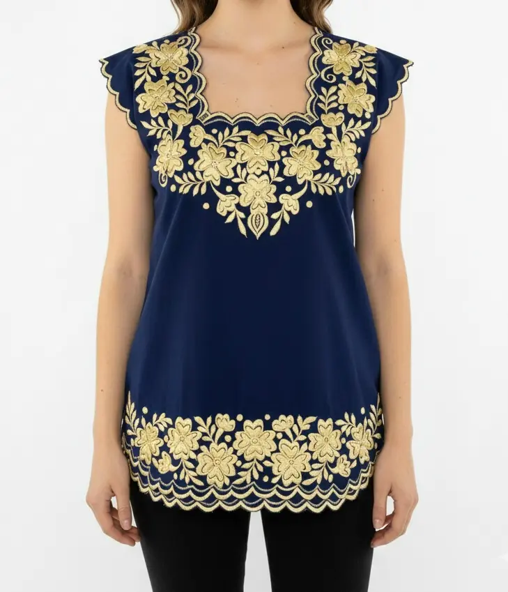 Blusa azul marino con flores amarillas