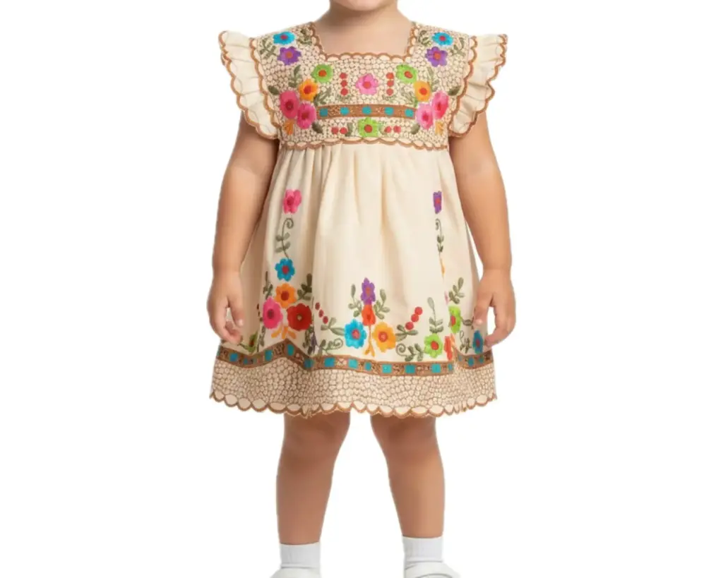 Vestido beige con bordes cafés y flores multicolor