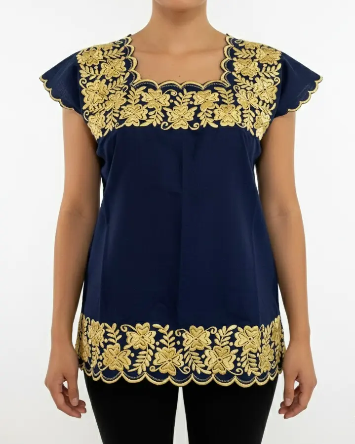 Blusa azul marino con flores amarillas
