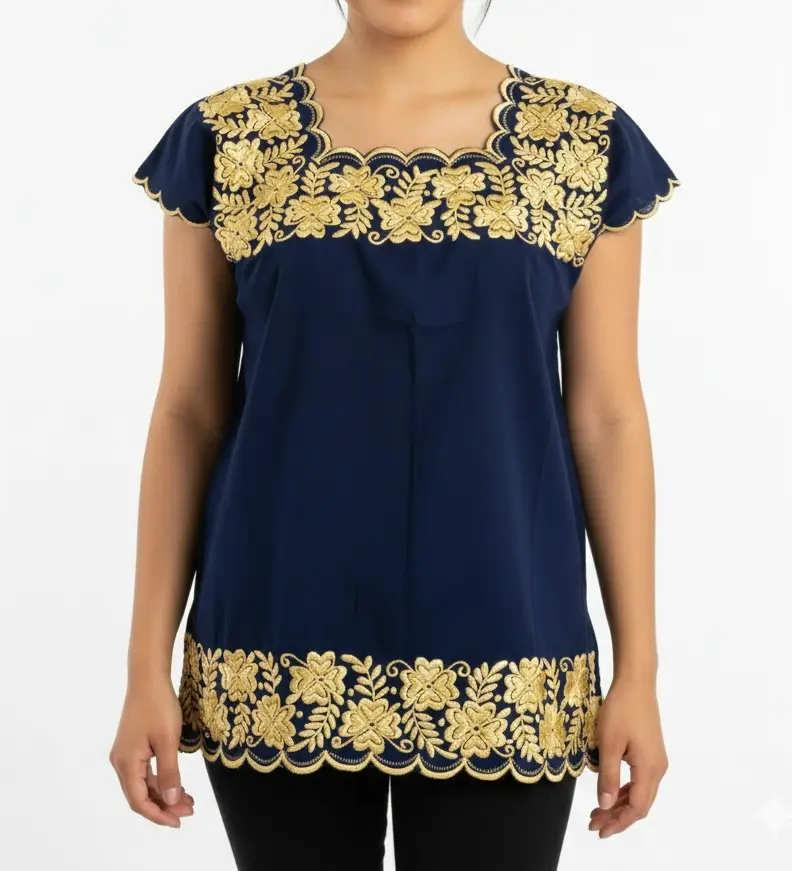 Blusa azul marino con flores amarillas