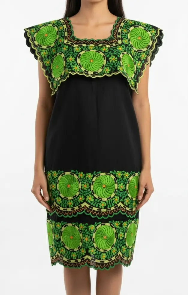 Vestido negro con bordado de flores circulares verdes y detalles verde bajo
