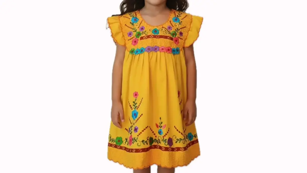 Vestido amarillo con bordes naranjas y flores multicolor 