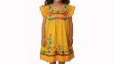 Vestido amarillo con bordes naranjas y flores multicolor 