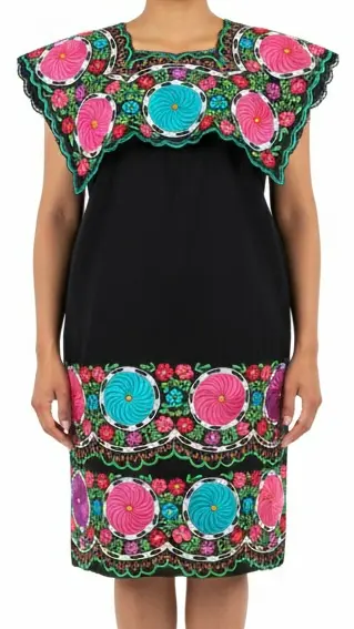 Vestido negro con bordado de flores circulares rojo, aqua, rosa y bordes verde y aqua