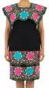 Vestido negro con bordado de flores circulares rojo, aqua, rosa y bordes verde y aqua