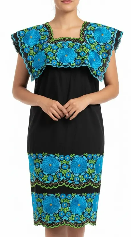 Vestido negro con bordado de flores azules y bordes verdes