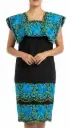Vestido negro con bordado de flores azules y bordes verdes