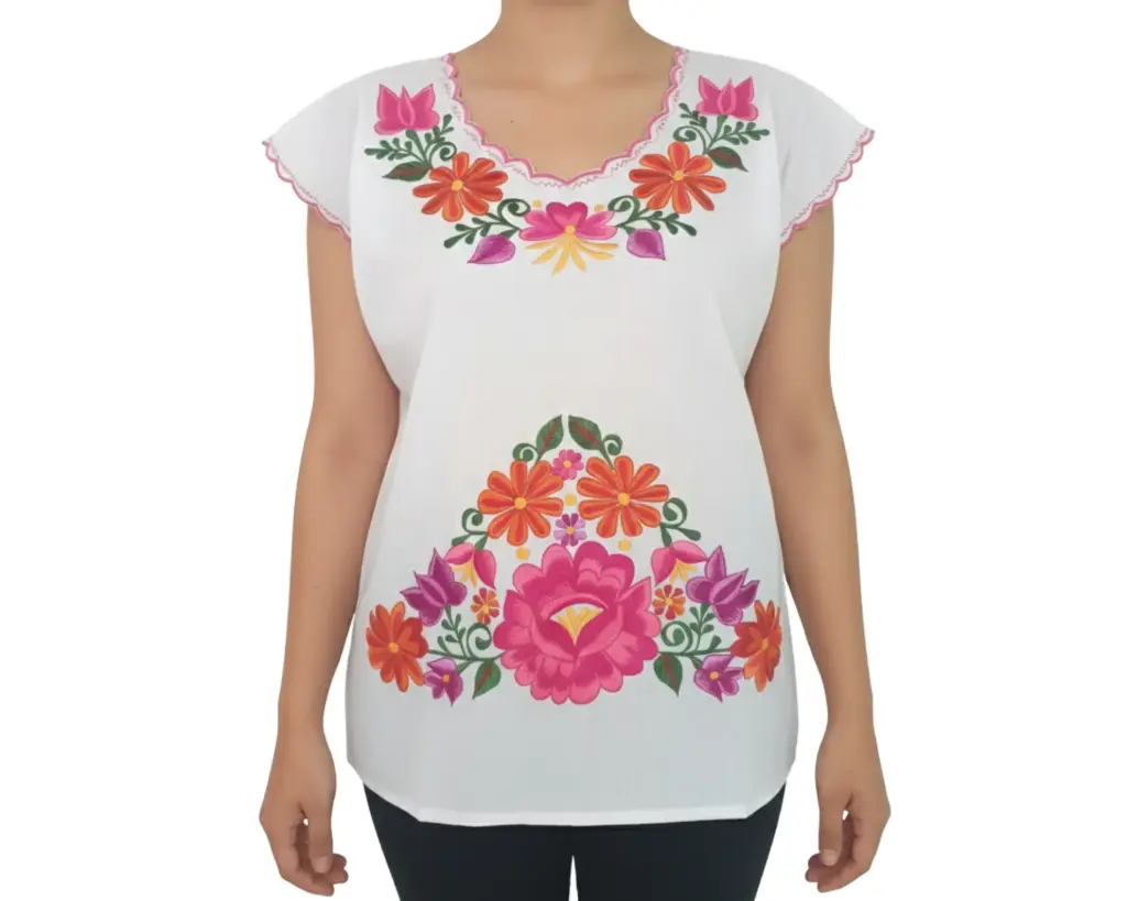 Blusa blanco con flores bordado rosado
