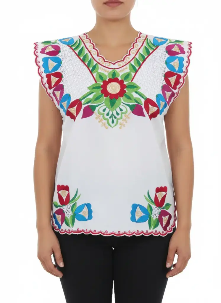 Blusa blanca con bordado de flores y bordes rojos