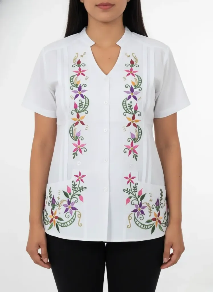 Blusa blanca abotonada con bordado de flores