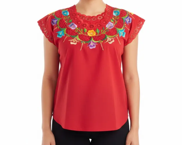 [BLS-VAL-M16] Blusa tipo hipil yucateca roja con bordados multicolores en variedad de flores