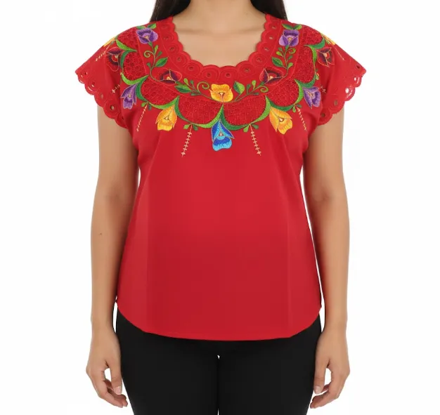 [BLS-VAL-M22] Blusa tipo hipil yucateca roja con bordados multicolores en variedad de flores