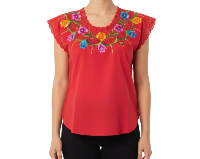 [BLS-VAL-M24] Blusa tipo hipil yucateca roja con bordados multicolores en variedad de flores
