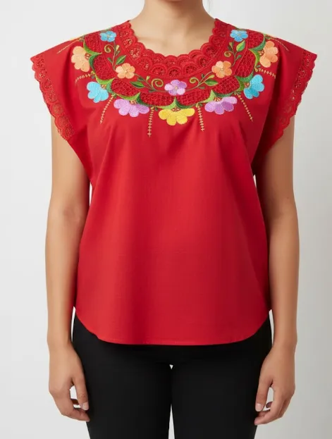 [BLS-VAL-M27] Blusa tipo hipil yucateca roja con bordados multicolores en variedad de flores