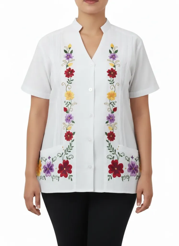 Blusa blanca abotonada con bordado de flores