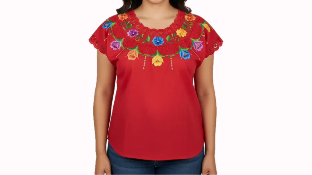 [BLS-VAL-M21] Blusa tipo hipil yucateca roja con bordados multicolores en variedad de flores