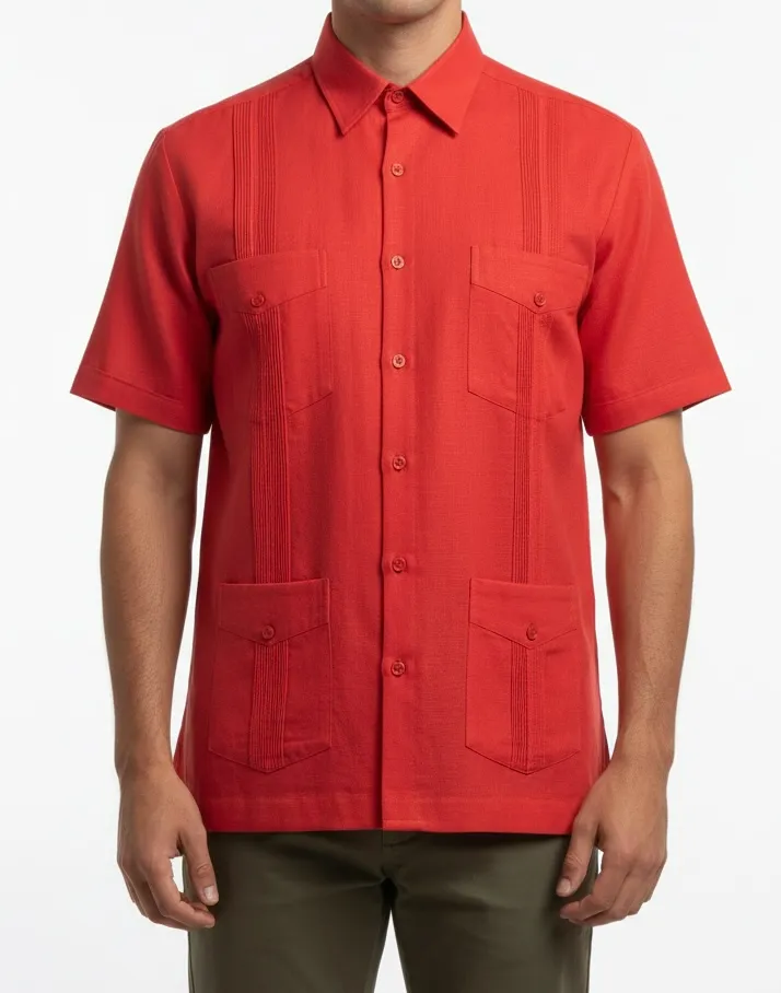 Guayabera roja manga corta con cuatro bolsillos