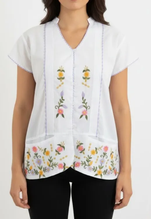 [BLS-JAM-M4-38] BLUSA BLANCA TIPO GUAYABERA DETALLE LILA