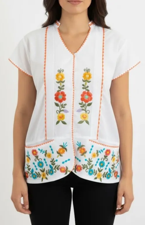 BLUSA BLANCA TIPO GUAYABERA DETALLE NARANJA