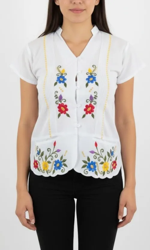 [BLS-JAM-M6-32] BLUSA BLANCA TIPO GUAYABERA DETALLE AMARILLO