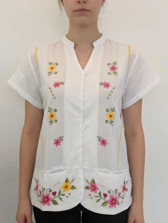 BLUSA BLANCA TIPO GUAYABERA DETALLE AMARILLO