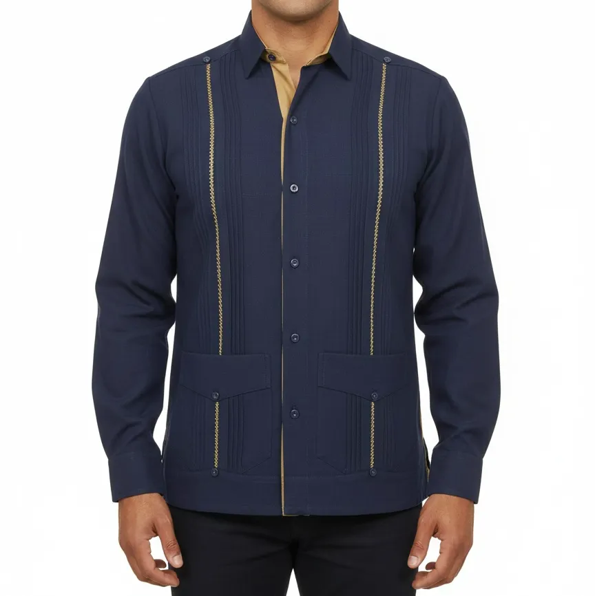Guayabera azul marino con borados dorado