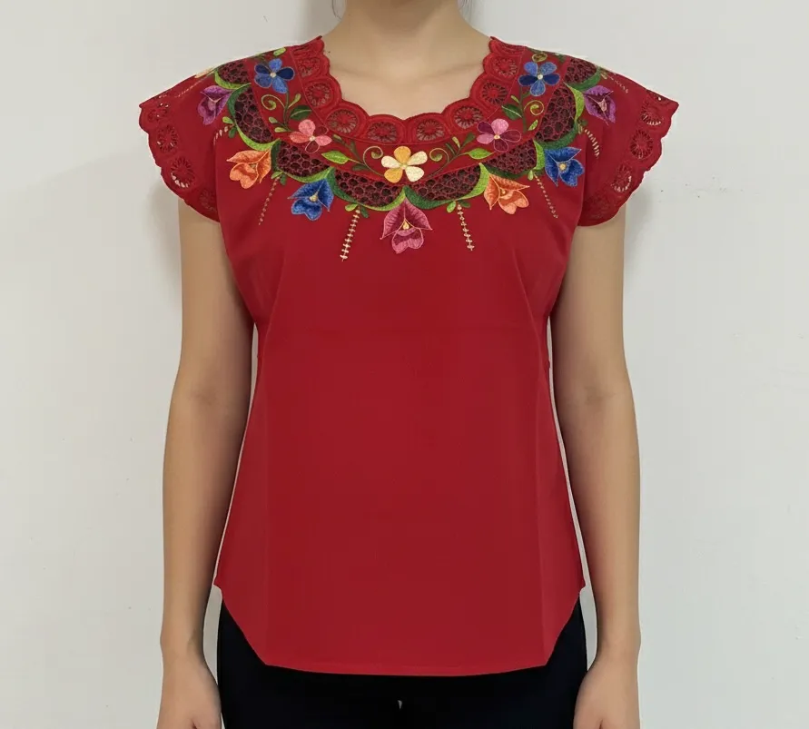 [BLS-VAL-M1] Blusa tipo hipil yucateca roja con bordados multicolores en variedad de flores
