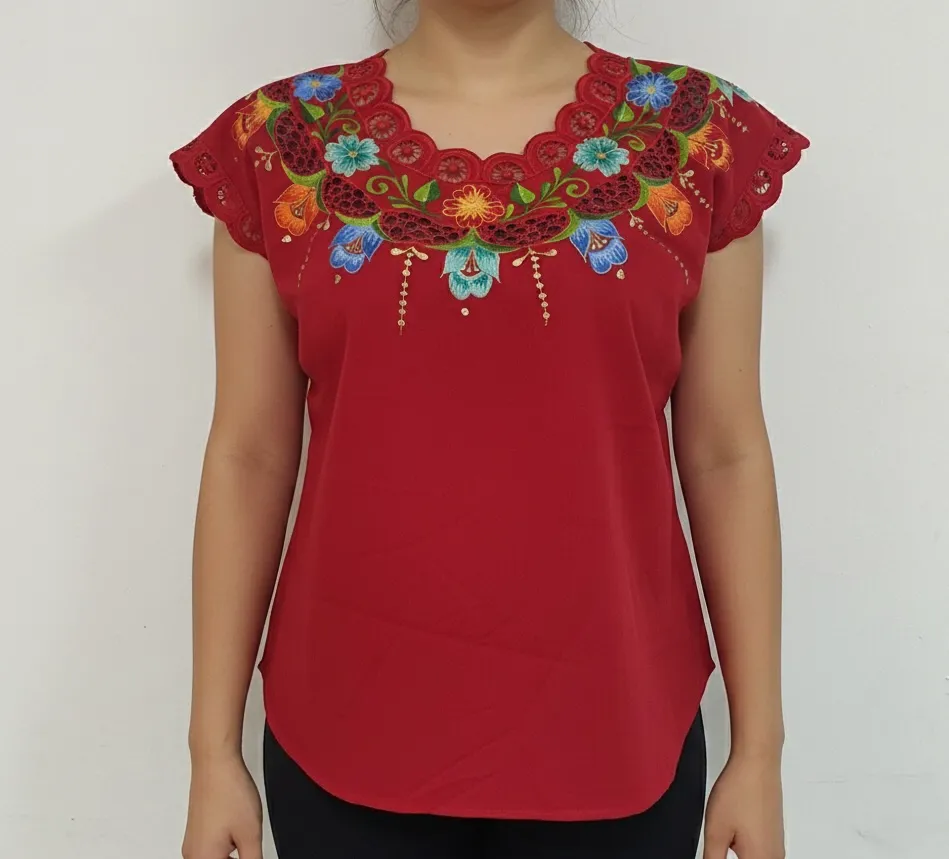 [BLS-VAL-M2] Blusa tipo hipil yucateca roja con bordados multicolores en variedad de flores