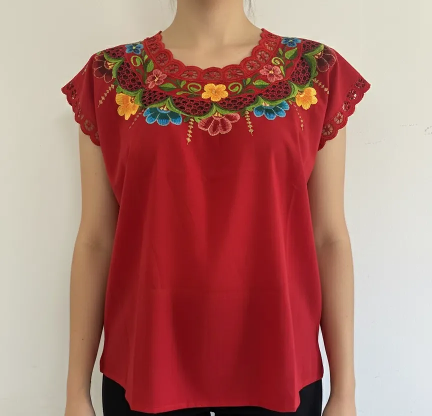 [BLS-VAL-M3] Blusa tipo hipil yucateca roja con bordados multicolores en variedad de flores