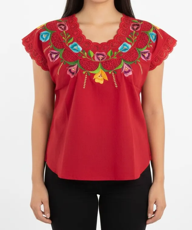 [BLS-VAL-M4] Blusa tipo hipil yucateca roja con bordados multicolores en variedad de flores