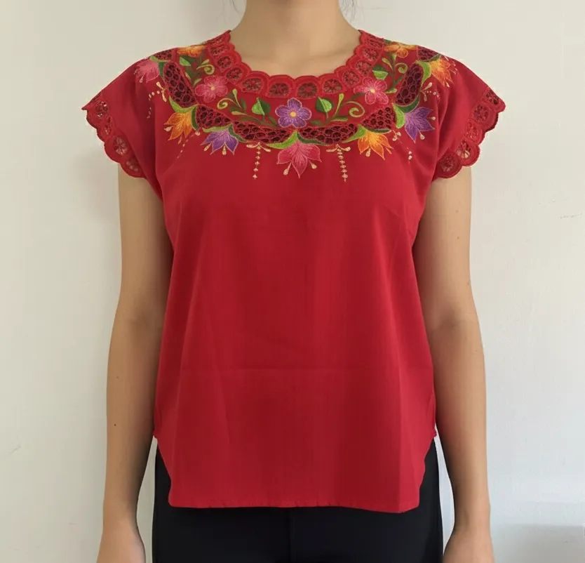 [BLS-VAL-M6] Blusa tipo hipil yucateca roja con bordados multicolores en variedad de flores