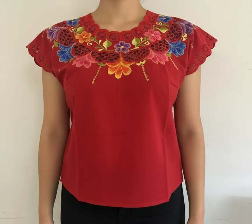[BLS-VAL-M8] Blusa tipo hipil yucateca roja con bordados multicolores en variedad de flores