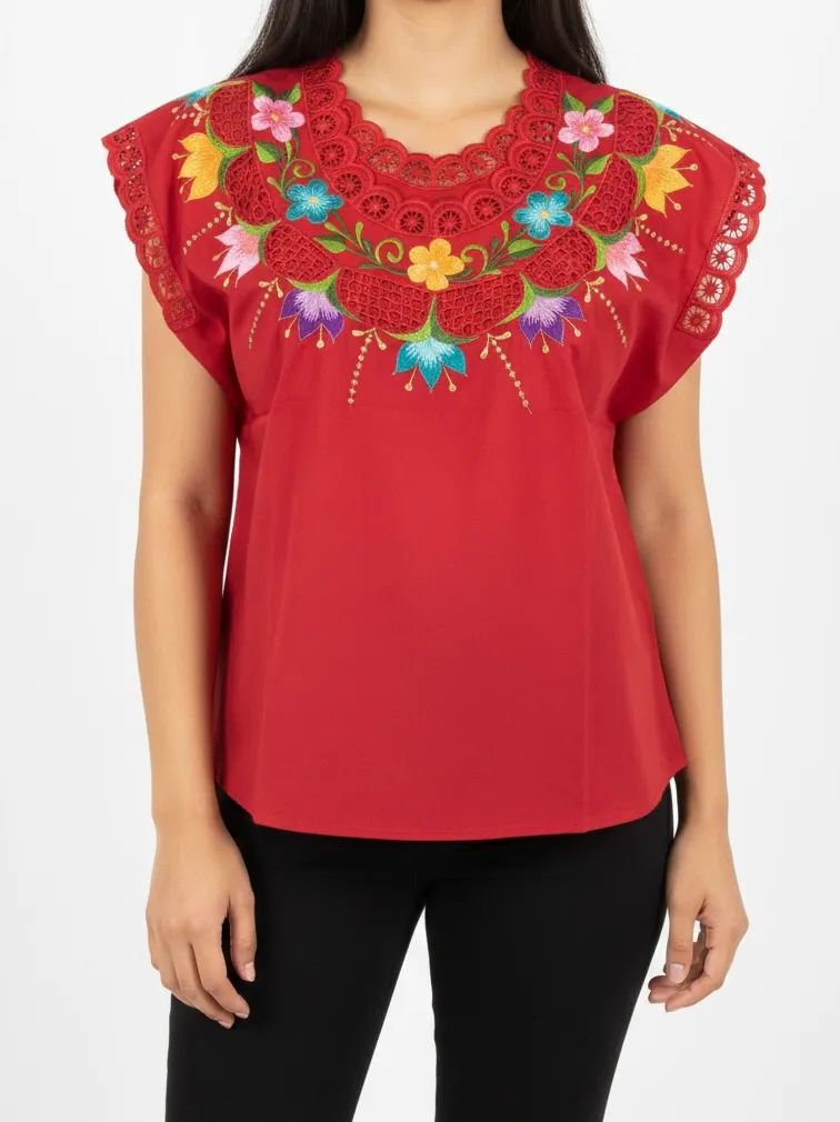 [BLS-VAL-M7] Blusa tipo hipil yucateca roja con bordados multicolores en variedad de flores
