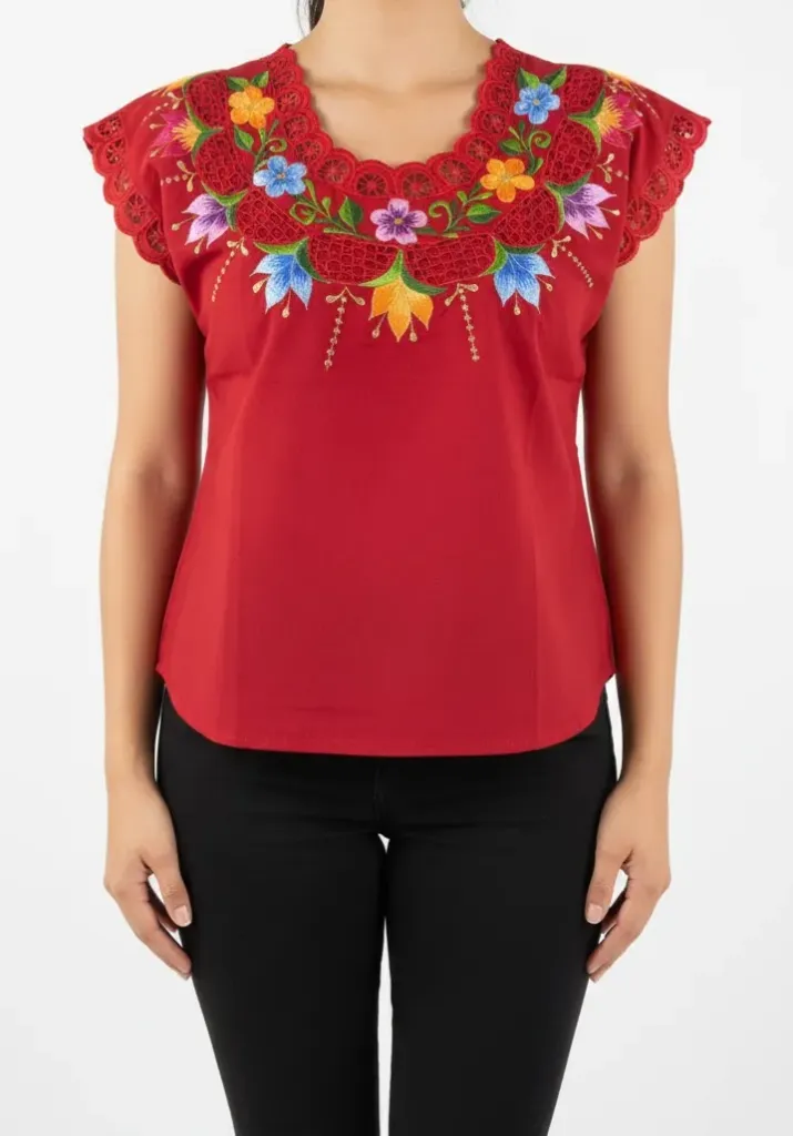 [BLS-VAL-M10] Blusa tipo hipil yucateca roja con bordados multicolores en variedad de flores