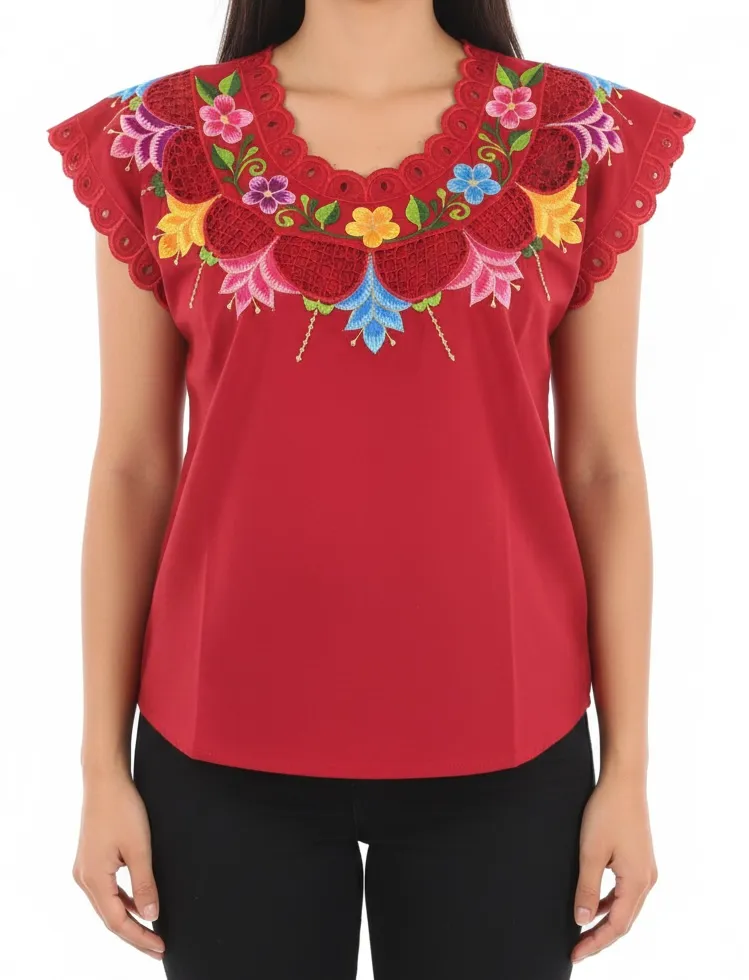 [BLS-VAL-M11] Blusa tipo hipil yucateca roja con bordados multicolores en variedad de flores