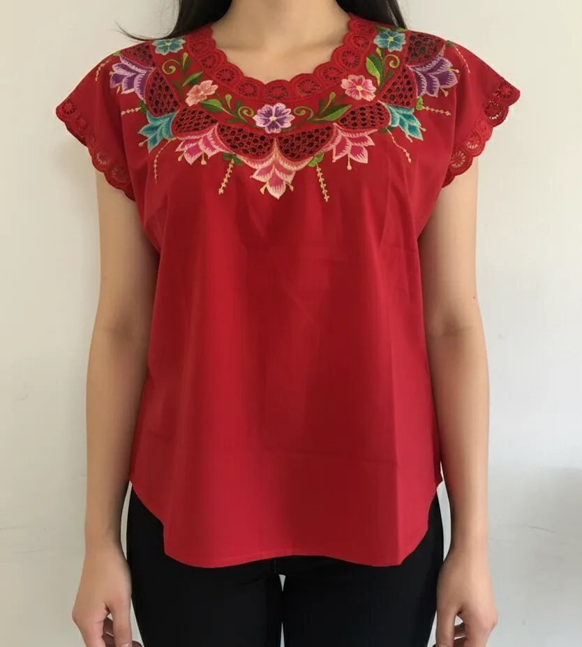 [BLS-VAL-M12] Blusa tipo hipil yucateca roja con bordados multicolores en variedad de flores