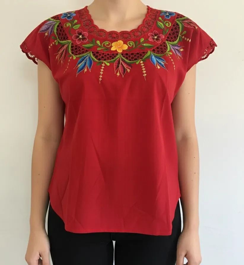 [BLS-VAL-M13] Blusa tipo hipil yucateca roja con bordados multicolores en variedad de flores
