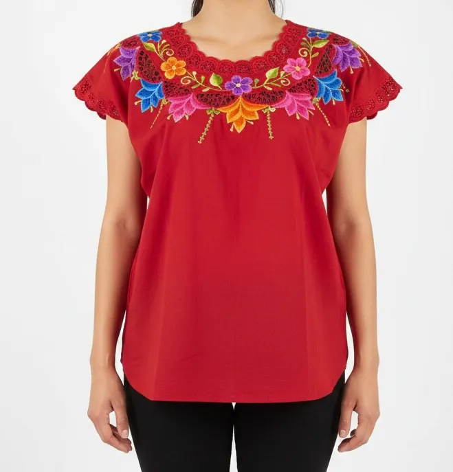 [BLS-VAL-M14] Blusa tipo hipil yucateca roja con bordados multicolores en variedad de flores