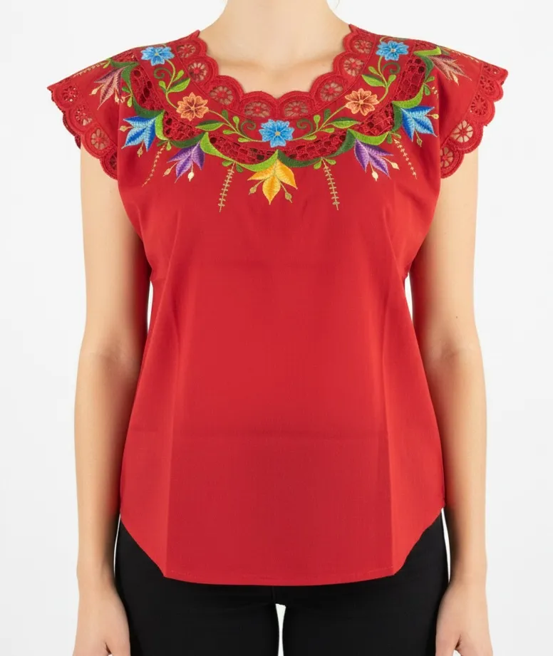 [BLS-VAL-M15] Blusa tipo hipil yucateca roja con bordados multicolores en variedad de flores