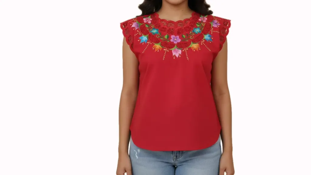 [BLS-VAL-M17] Blusa tipo hipil yucateca roja con bordados multicolores en variedad de flores