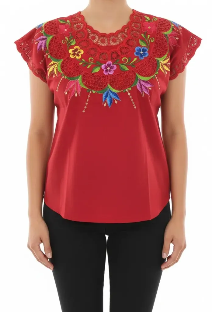 [BLS-VAL-M9] Blusa tipo hipil yucateca roja con bordados multicolores en variedad de flores